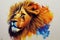 Colourful stylised lion portrait on grey background, created using generative ai technology