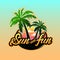 Colourful summer logotype in lettering style with Palm tree and sunset with text Sun and fun. Vector illustration design