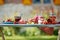 Colourful summer strawberries desserts picnic table