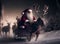 Colourful Surreal Santa Claus driving sleigh with reindeer surounded by colourful presents for lucky childrenGenerative AI