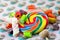Colourful sweets candy; rainbow lollipop, mints, fruit rock, marshmallow rope close up macro photography