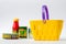 Colourful toy a shopping basket is empty on a background products