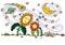 Colourful vector drawing. Cute sleeping sun flowers, cat, crescent moon, planet, comet and shooting stars elements
