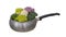 Colourful vegetables in saucepan, isolated on white. Raw purple, white and green cauliflower with broccoli florets