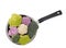 Colourful vegetables in saucepan, isolated on white. Raw purple, white and green cauliflower with broccoli florets