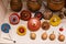 Colourful wooden Japanese tops display in museum of Shiroi Koibito Park at Sapporo in Hokaido, Japan