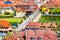 Colourfull panoramic cityscape central part of Wurzburg city. Top view from the Marienberg Fortress Festung Marienberg. Germany