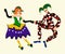 Columbine and Harlequin dancing together. Vector isolated illustration.