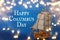 Columbus day concept with old ship over blue glitter background