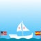 Columbus Day Copy Space Background with Sailing ship sailboat. Christopher Columbus National USA Holiday banner with American Flag