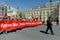 The column of the Communist party is in the center of Moscow at a demonstration dedicated to the Victory Day.