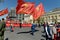 The column of the Communist party is in the center of Moscow at a demonstration dedicated to the Victory Day.