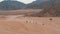 Column of a quad bike rides through the desert in Egypt on backdrop of Mountains. Driving ATVs.