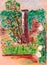 Column and roses in english secret garden, travel sketch, graphic color drawing