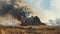 a column of smoke rises into the air from a barn or house in a field