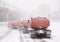 Column of snow-remover trucks on road