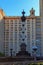 Column with Soviet symbols near entrance to the main building of Lomonosov Moscow State University MSU