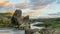 Columnar basalt rock formations and river, Vesturdalur durig sunset time, Asbyrgi, Northern Iceland