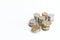 Columns of coins of Russian rubles on a white background. Outdated Russian currency.