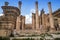 Columns with decorative ornaments in the ancient roman city ruins of Jerash