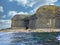 Columns of jointed volcanic basalt rocks on the island of Staffa in the Inner Hebrides, Scotland