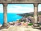 Columns and top view on Naples and Mediterranean sea, Italy