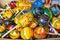 Coluorful wooden maracas at street shop, Antigua, Guatemala.