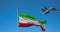 Combat Aircraft and Iranian flag on Sky Background