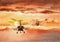 Combat helicopters flying in formation on background of colorful sunset with clouds. Stylised military scene. Hand drawn