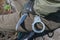 Combat knife and handcuffs in the hands of a fighter close-up