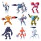 Combat robots. Armor transformers android protective electronic soldier future weapon vector characters