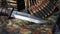 Combat tactical stainless steel fighting knife, leather handle. Damascus steel blade