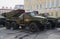 Combat vehicle BM-21-1 (MLRS Grad) early in the morning waiting to start the rehearsal of parade. Saint