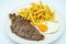 Combination plate of beef steak with potatoes and fried egg