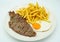 Combination plate of beef steak with potatoes and fried egg