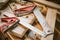 Combination Square Â· Stainless steel ruler with Precision Level on table,woodworking concept.selective focus