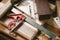 Combination Square Â· Stainless steel ruler with Precision Level on table,woodworking concept.selective focus