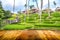 Combination of wooden front with blurred balinese tropical village