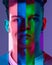 Combinations of cropped by vertical position portraits of man's different faces isolated over multicolored neon