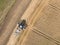 combine harvest wheat in the field. Harvesting machine working in the field. Aerial view from the drone. Russia.