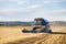 Combine harvester agriculture machine harvesting golden ripe wheat field.