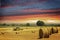 A combine harvester drives across a field and collection wheat in a field in France