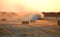 Combine harvester pressing straw field bales driving field sunny summer evening