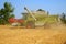 Combine harvester working on a golden wheat field behind a cloud of grain dust. Bright summer day with blue sky