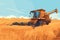 Combine harvester working in wheat field. Wheat harvesting process with modern combine, vector