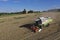 The combine harvests ripe golden wheat in the grain field. Agricultural work in summer. Drone recording.