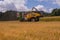 Combines harvesting grains and filling tractor trailer in summer on field