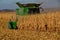 Combines working in North Dakota to harvest corn
