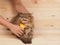 Combing brush and cat on the wood background