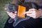 Combing out excess hair from a gray Scottish cat during molting with a special comb.